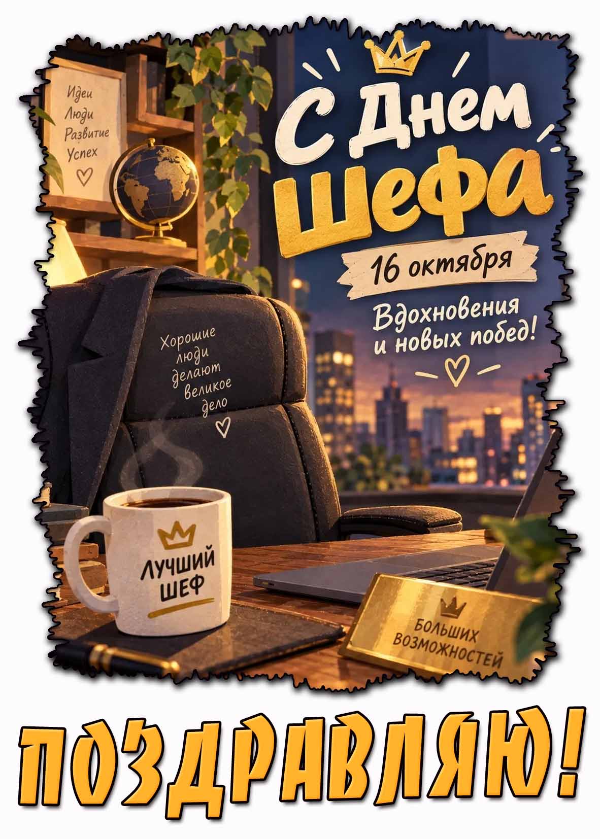 Открытка 16 октября - с днём шефа! Вдохновения и новых побед! Поздравляю!