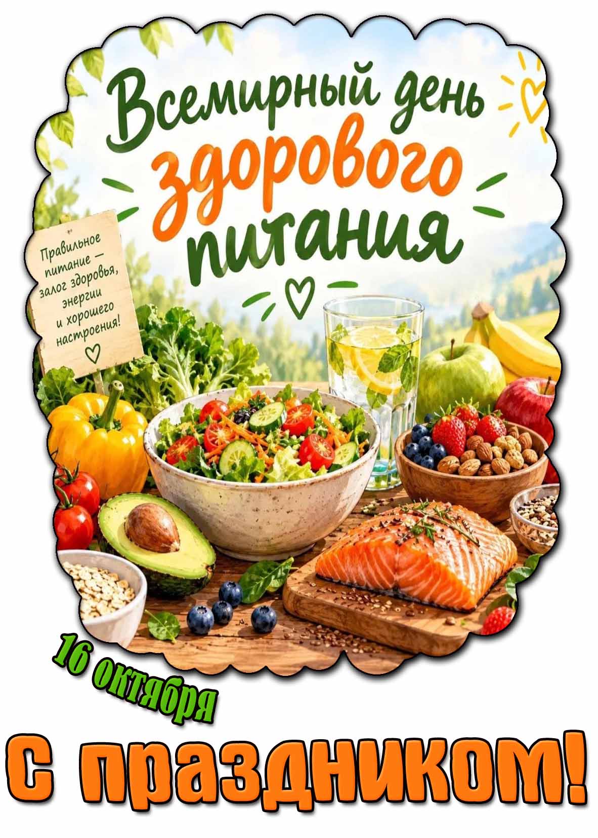 Открытка 16 октября - Всемирный день здорового питания! Правильное питание - залог здоровья, энергии и хорошего настроения! С праздником!