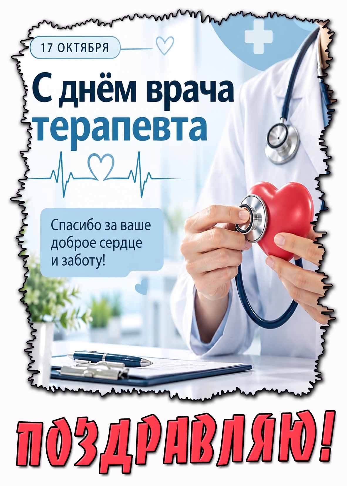 Открытка 17 октября - с днём врача терапевта! Спасибо за ваше доброе сердце и заботу! Поздравляю!