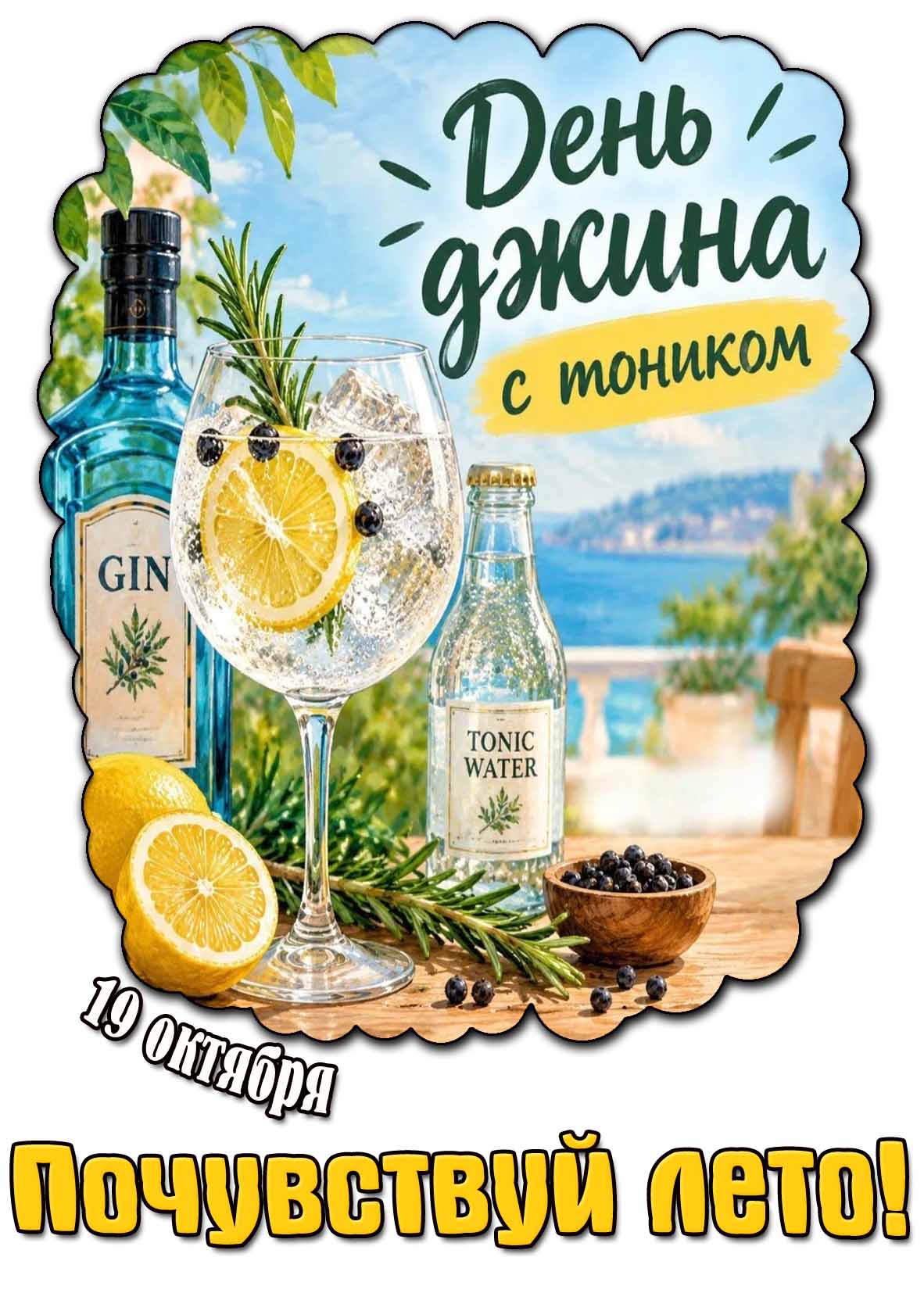 Яркая, красивая, тонизирующая и освежающая открытка к празднику 19 октября - день джина с тоником! Почувствуй лето!