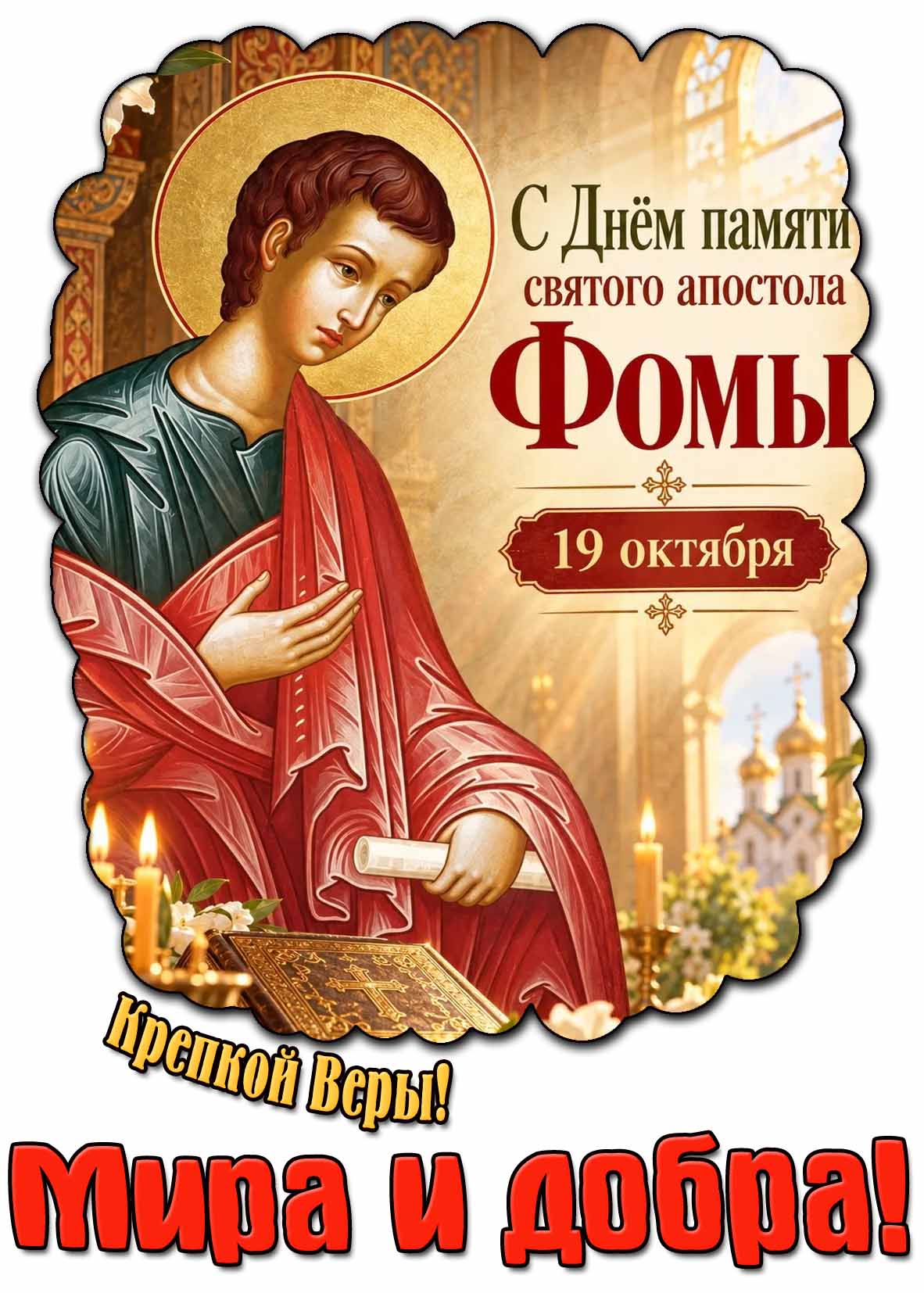 Красивая, солнечная открытка со свечами, Библией, образом святого на фоне храма к 19 октября - с днём памяти святого апостола Фомы! Крепкой веры! Мира и добра! Открытка 19 октября - с днём памяти святого апостола Фомы! Крепкой веры! Мира и добра!