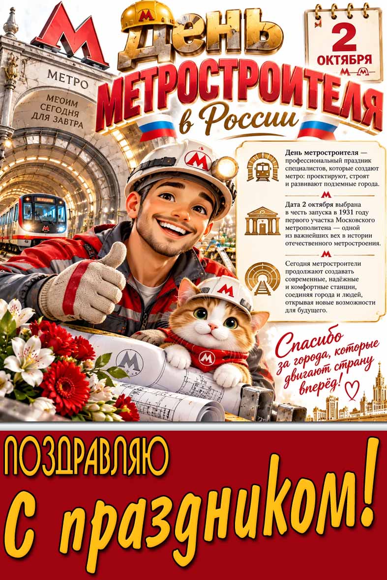 Открытка 2 октября - день метростроителя в России! Поздравляю с праздником!
