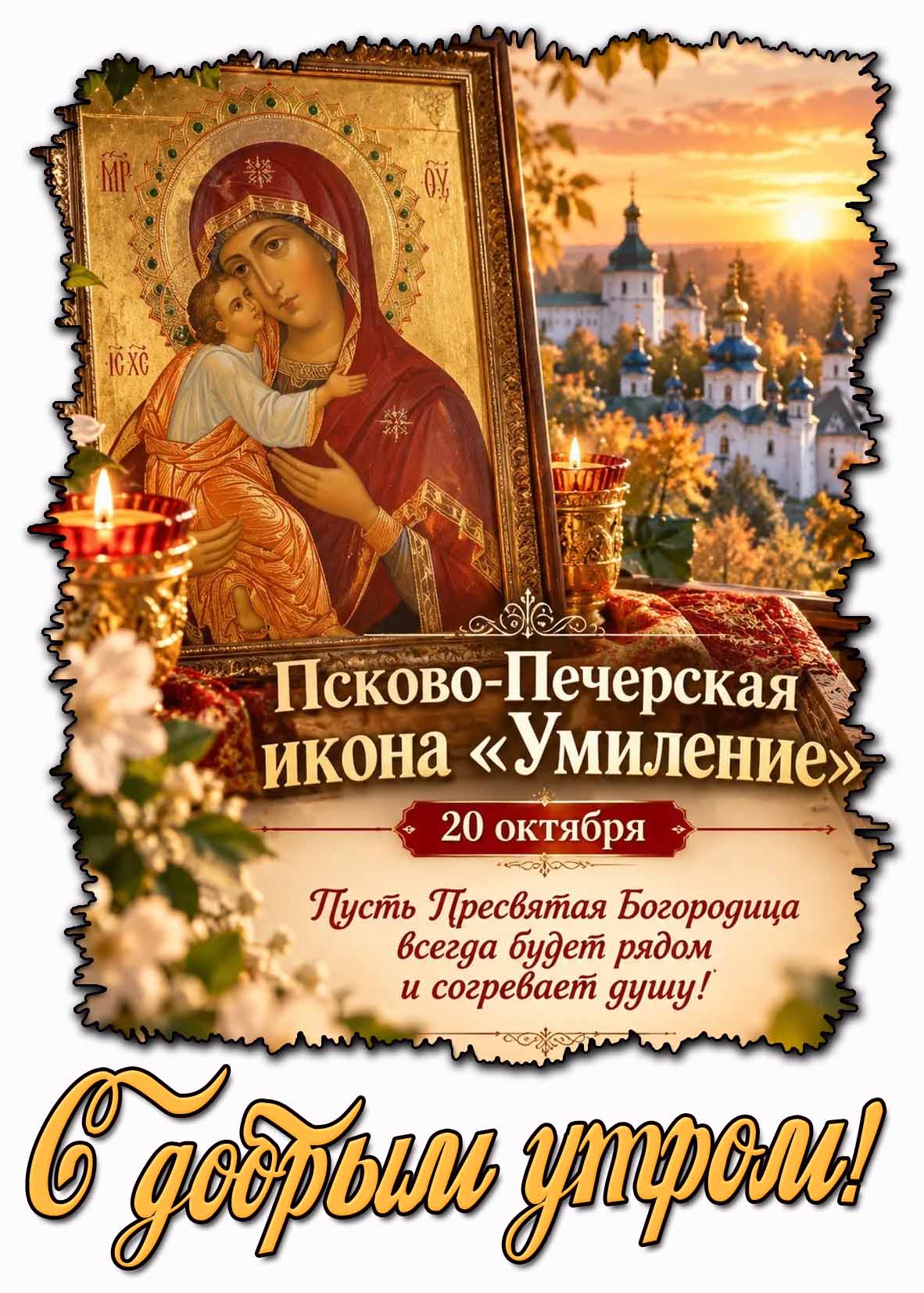 Открытка 20 октября Псково-Печерская икона "Умиление!" С добрым утром! Пусть Пресвятая Богородица всегда будет рядом и согревает душу!