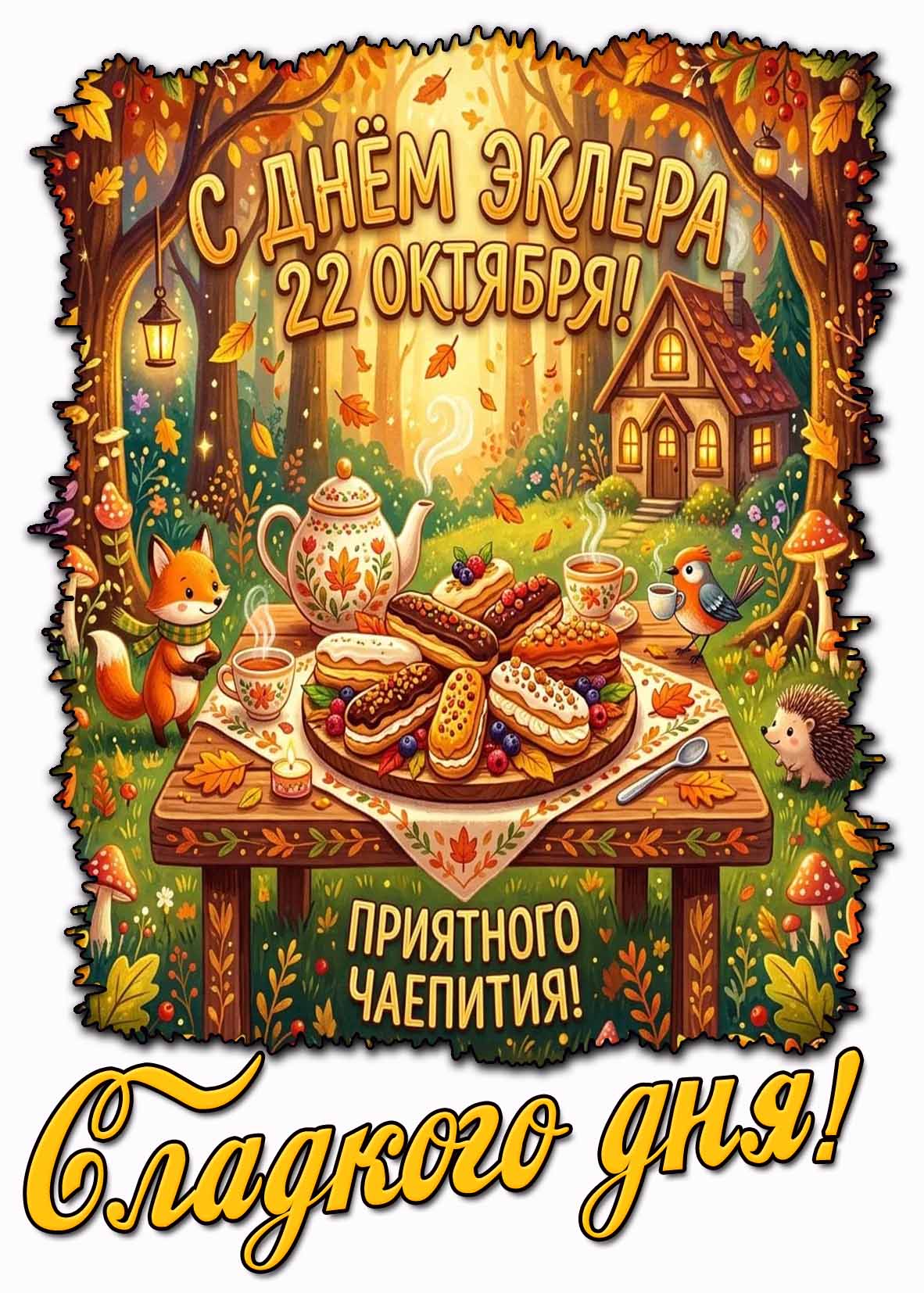 Открытка 22 октября - с днём эклера! Приятного чаепития! Сладкого дня!