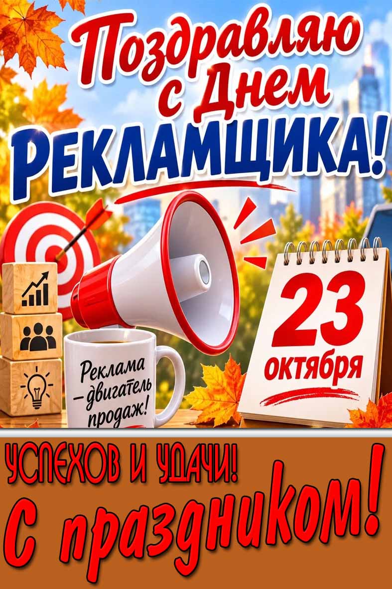 Открытка 23 октября - поздравляю с днём рекламщика! Успехов и удачи! С праздником! Реклама - двигатель продаж!