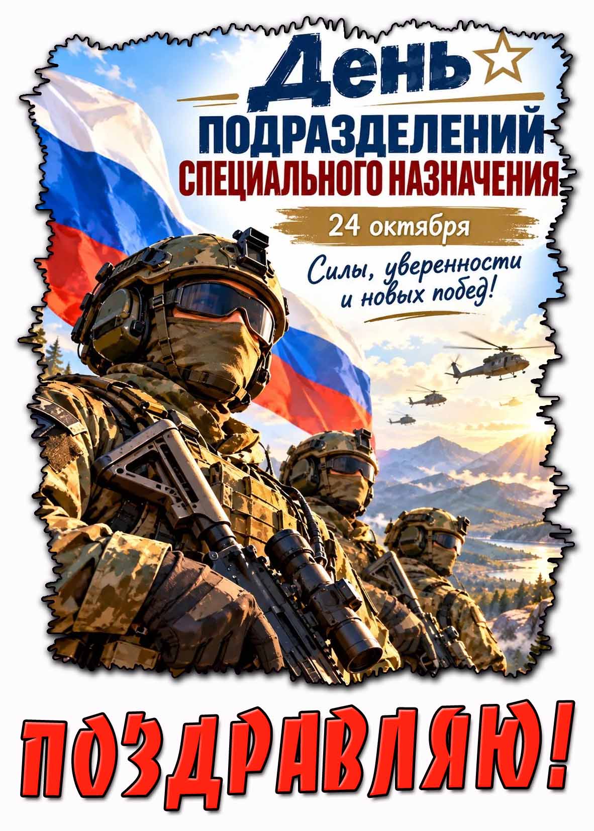Красивая открытка с бойцами военного спецназа на фоне флага России к празднику 24 октября - день подразделений специального назначения! Силы, уверенности и новых побед! Поздравляю! Открытка 24 октября - день подразделений специального назначения! Силы, уверенности и новых побед! Поздравляю!