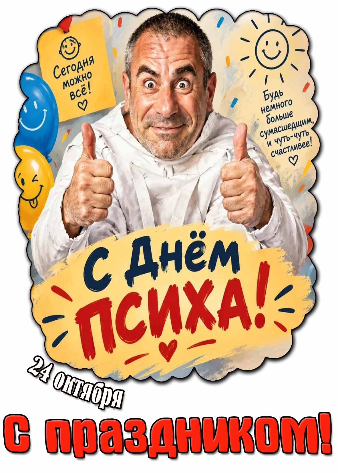 Прикольная открытка с буйным мужиком в белой смирительной рубашке к 24 октября - с днём психа! Сегодня можно всё! Будь немного больше сумасшедшим, и чтуть-чуть счастливее! С праздником! Прикольная открытка с буйным мужиком в белой смирительной рубашке к 24 октября - с днём психа! Сегодня можно всё! Будь немного больше сумасшедшим, и чтуть-чуть счастливее! С праздником!
