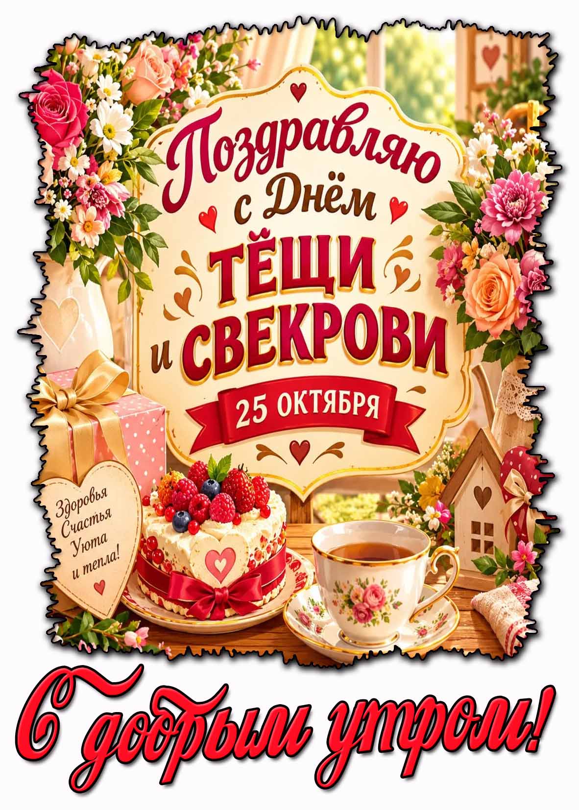 Красивая открытка с цветами, чаем и тортом к Международному празднику 25 октября - Поздравляю с днём свекрови и тёщи! С добрым утром! Здоровья, счастья, уюта и тепла! Открытка 25 октября - Поздравляю с днём свекрови и тёщи! С добрым утром! Здоровья, счастья, уюта и тепла!