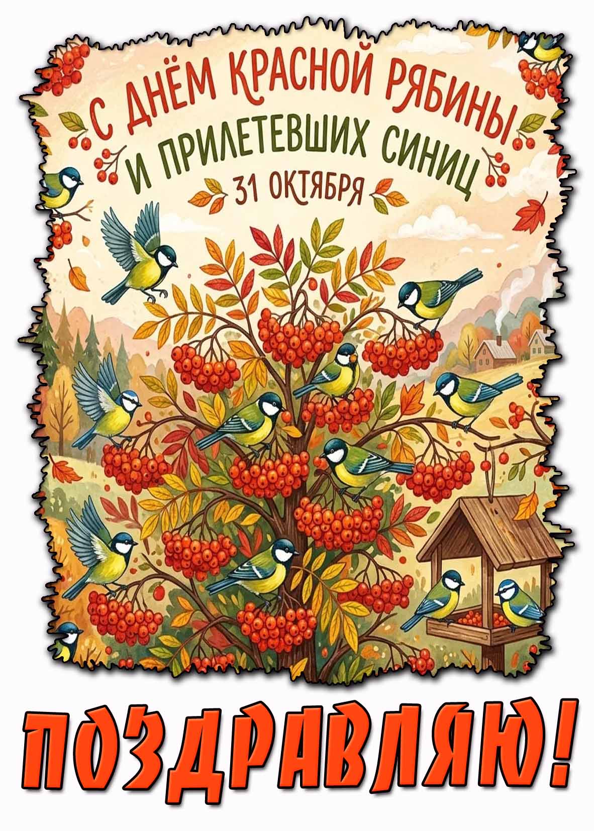 Открытка 31 октября - с днём красной рябины и прилетевших синиц! Поздравляю!