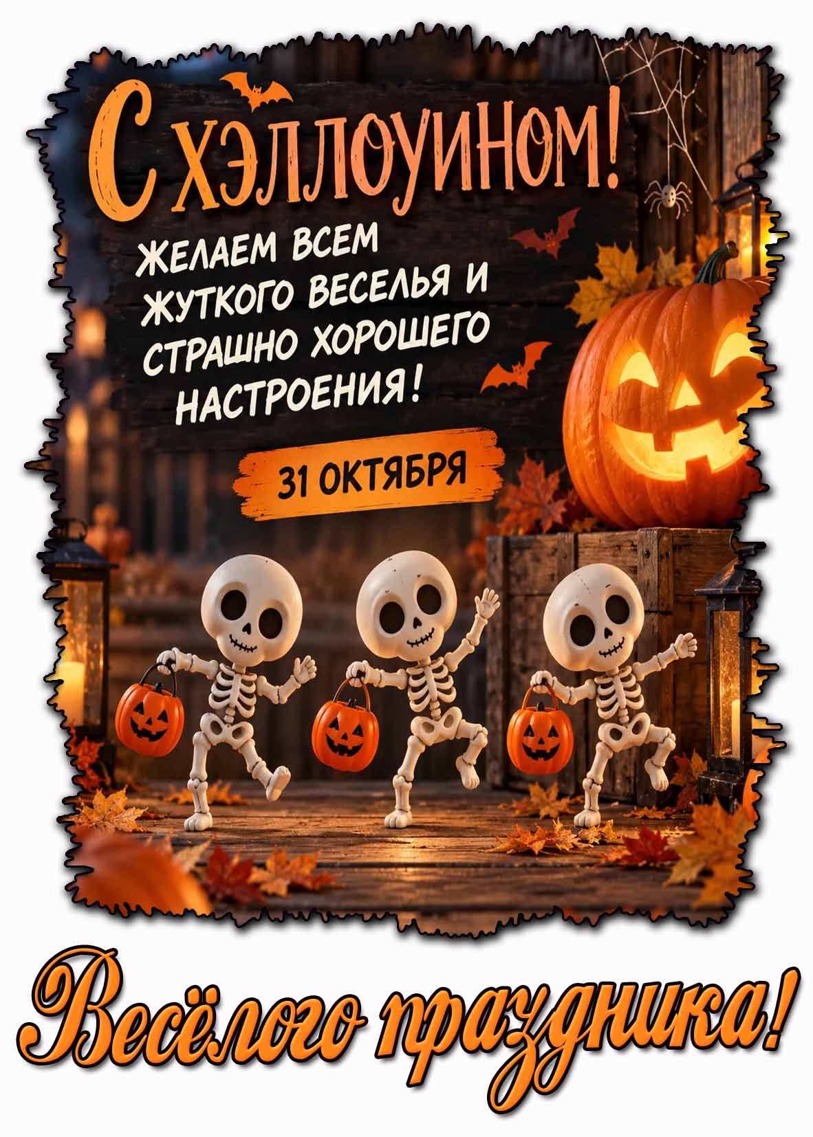 Открытка 31 октября - С Хэллоуином! Желаем всем жуткого веселья и страшно хорошего настроения! Весёлого праздника!