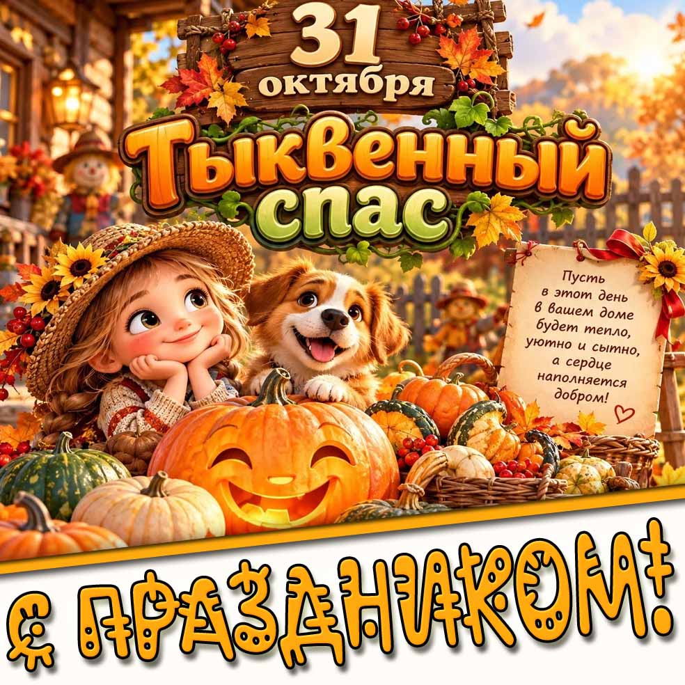 Прикольная мультяшная открытка с девочкой, собачками и весёлой тыковкой к 31 октября - Тыквенный спас! Пусть в этот день в вашем доме будет тепло, уютно и сытно, а сердце наполнится добром! С праздником! Прикольная мультяшная открытка с девочкой, собачками и весёлой тыковкой к 31 октября - Тыквенный спас! Пусть в этот день в вашем доме будет тепло, уютно и сытно, а сердце наполнится добром! С праздником!