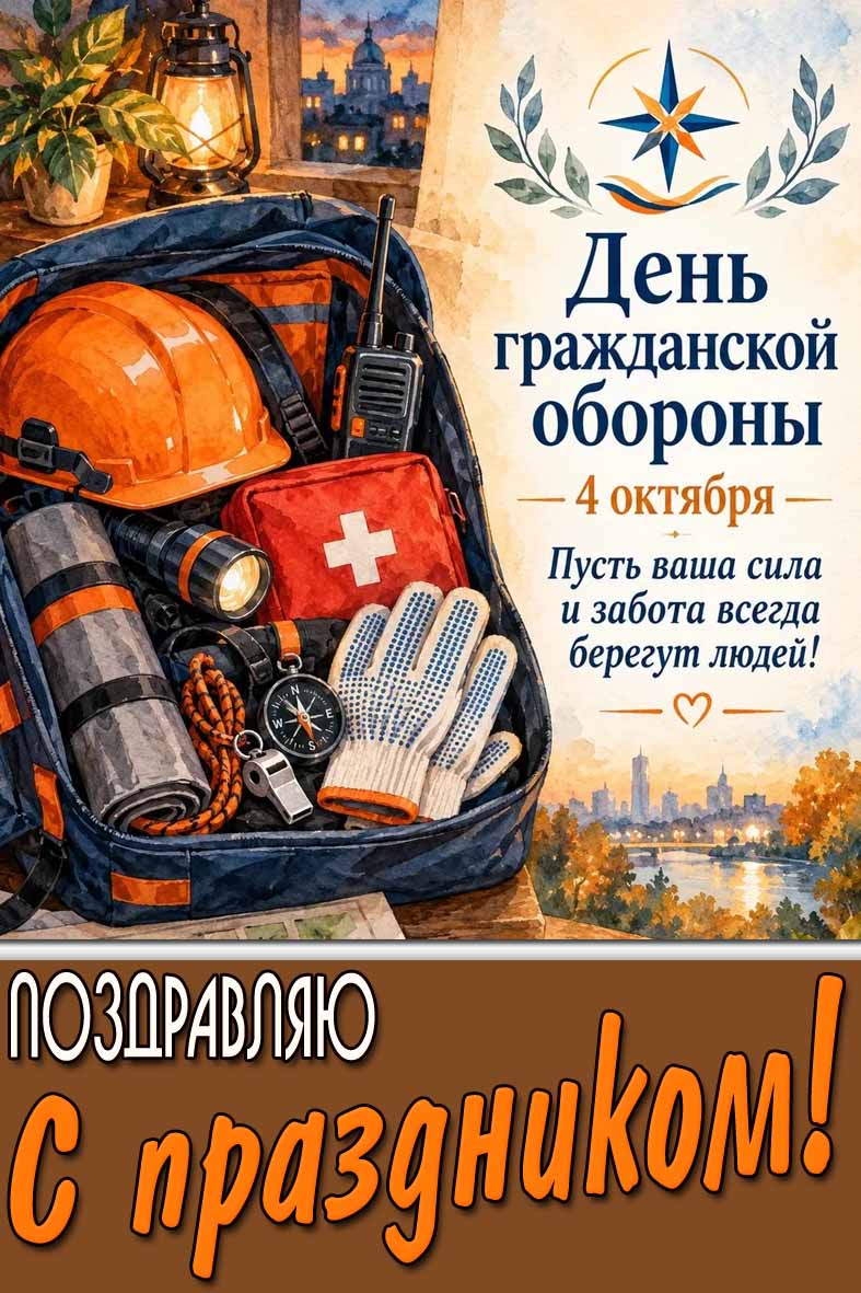 Открытка 4 октября - день гражданской обороны! Пусть ваша сила и забота всегда берегут людей! Поздравляю с праздником!