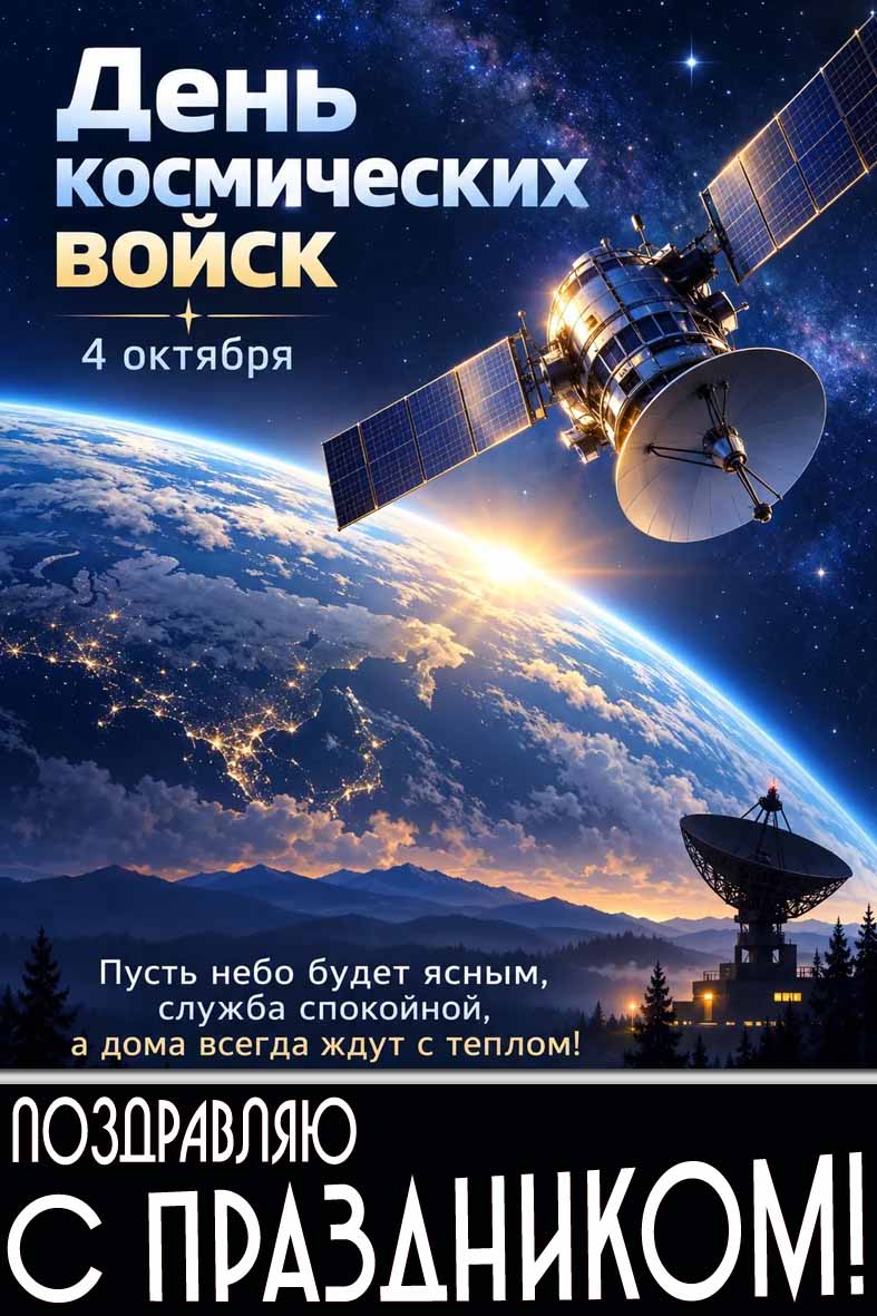 Открытка 4 октября - день космических войск! Пусть небо будет ясным, служба спокойной, а дома всегда ждут с теплом! Поздравляю с праздником!