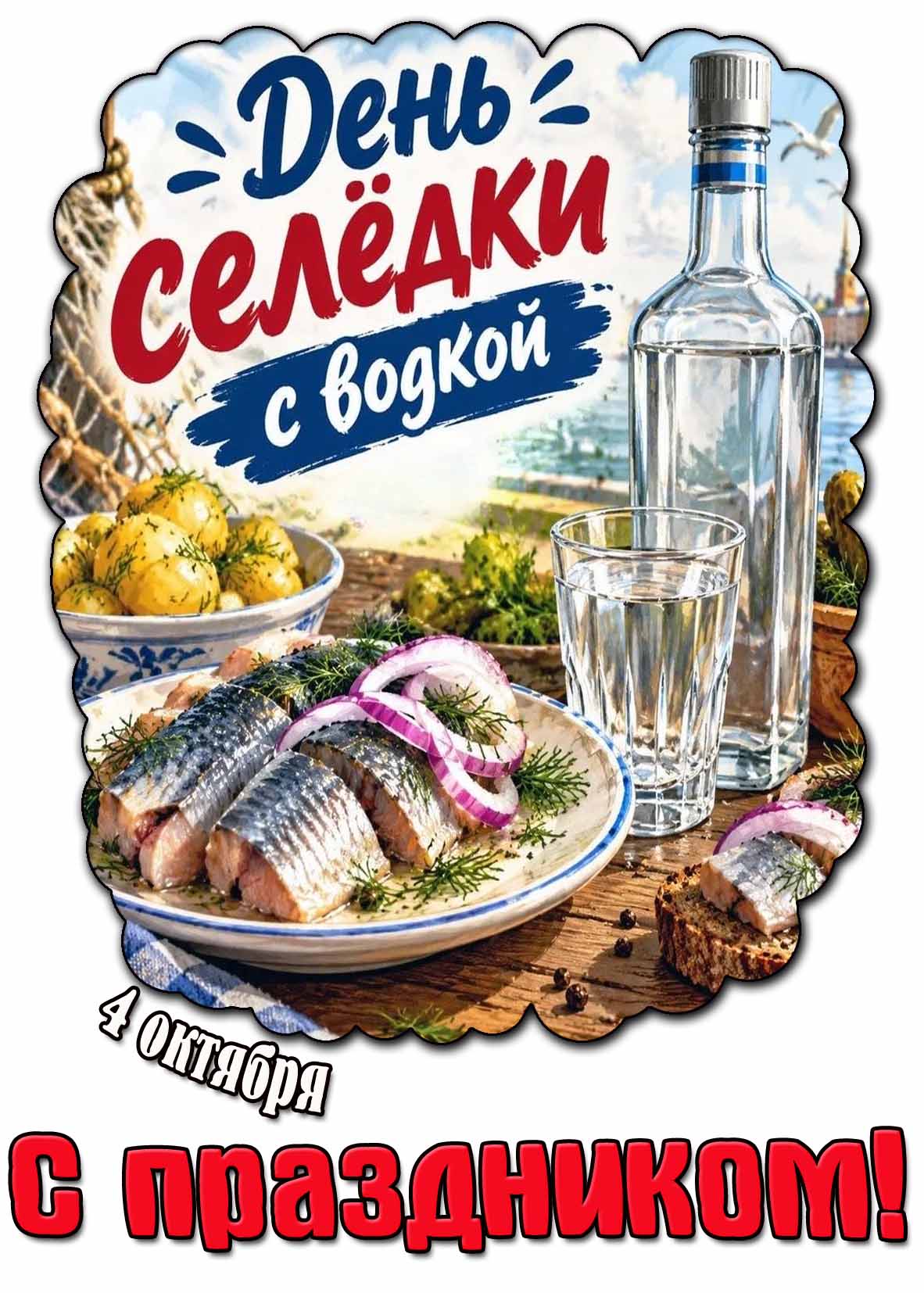 Открытка 4 октября - день селёдки с водкой! С праздником!
