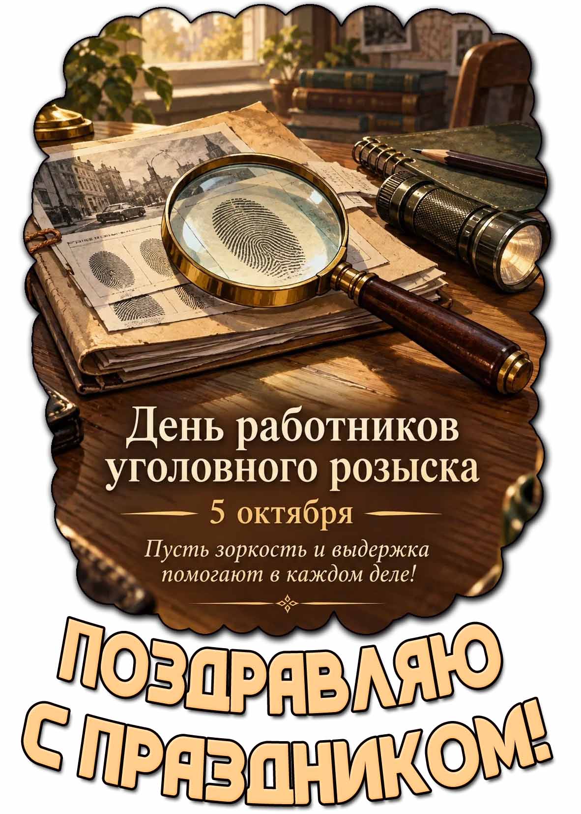 Открытка 5 октября - день работников уголовного розыска! Пусть зоркость и выдержка помогают в каждом деле! Поздравляю с праздником!