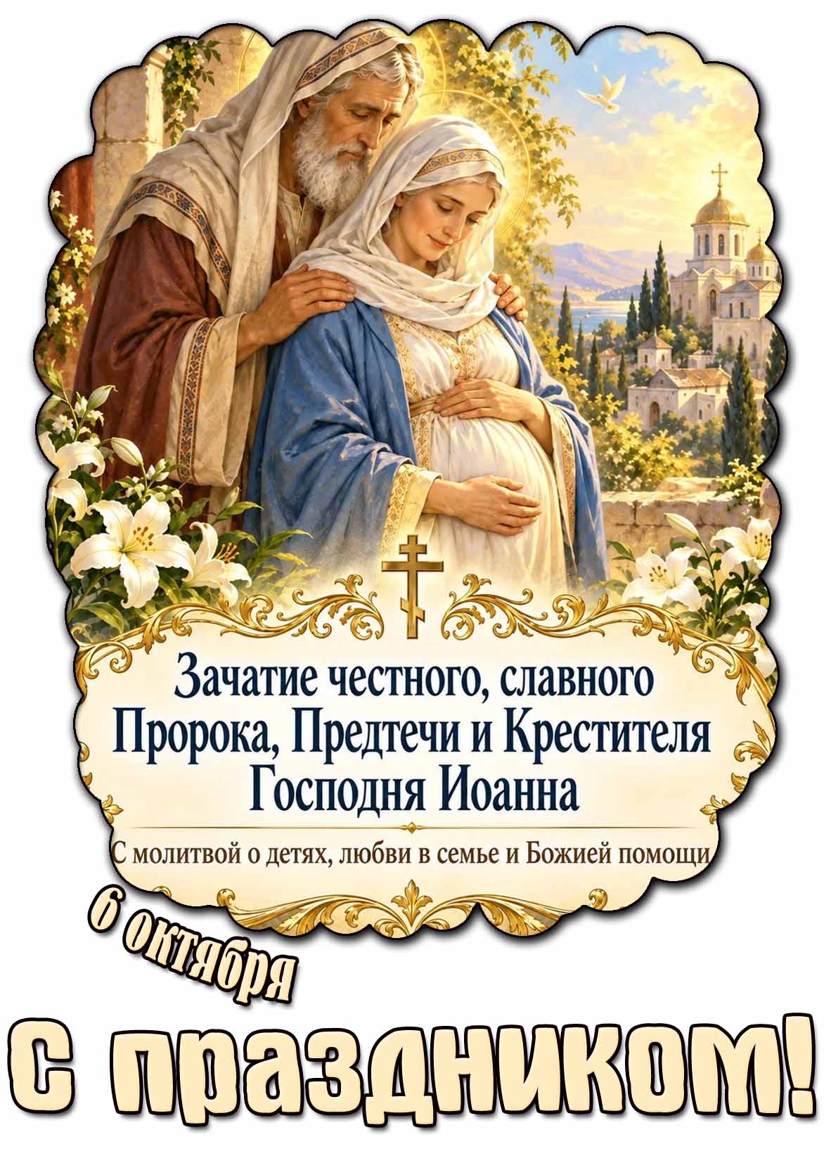 Открытка 6 октября - Зачатие честного, славного Пророка, Предтечи и Крестителя Господня Иоанна! С молитвой о детях, любви в семье и Божией помощи! С праздником!