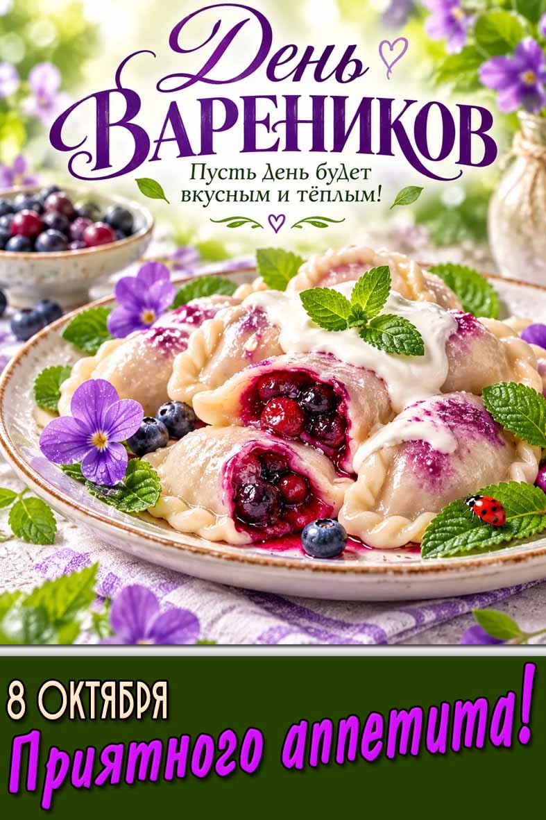 Открытка 8 октября - день вареников! Пусть день будет вкусным и тёплым! Приятного аппетита!