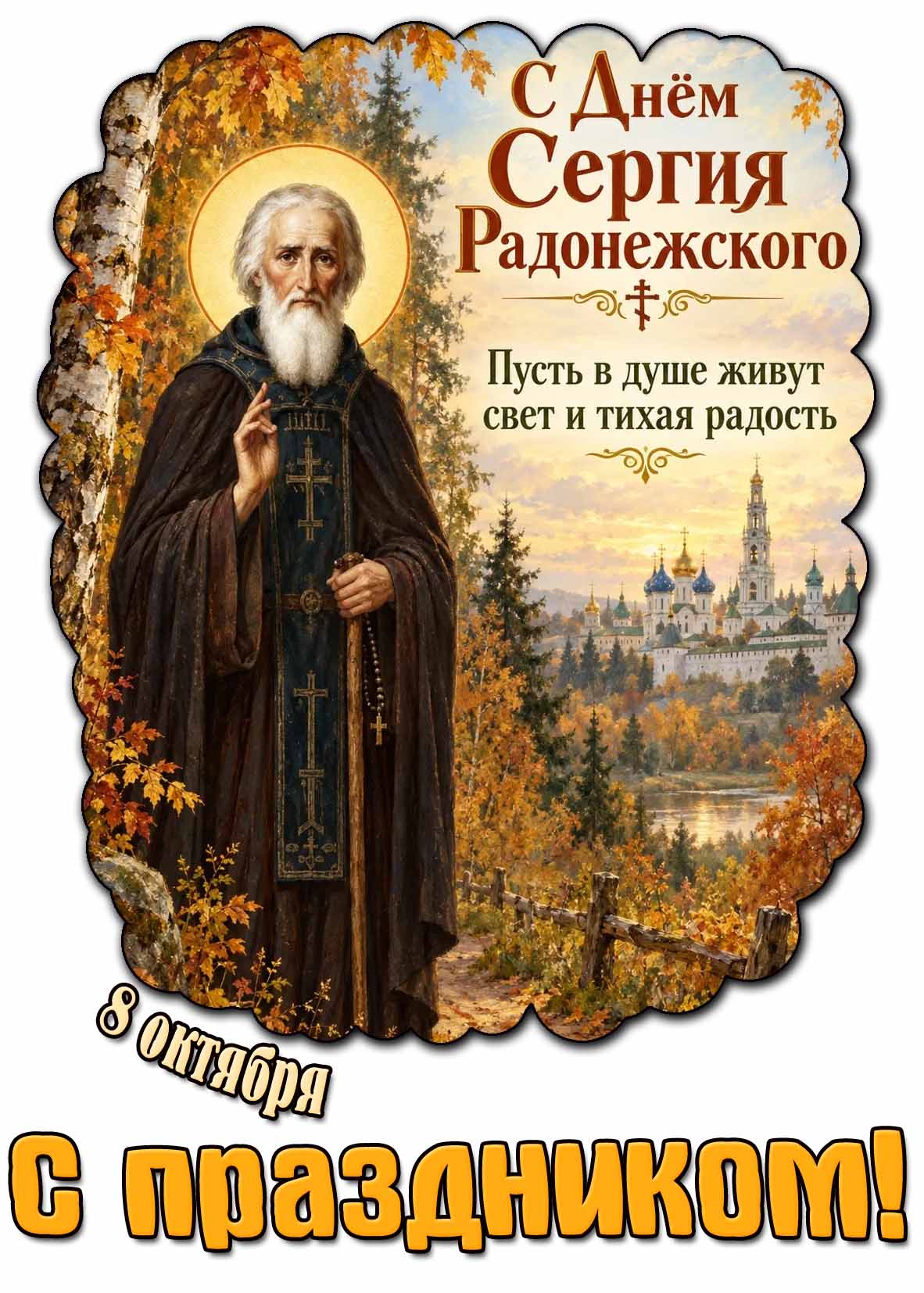 Открытка 8 октября - с днём Сергия Радонежского! Пусть в душе живут свет и тихая радость! С праздником!