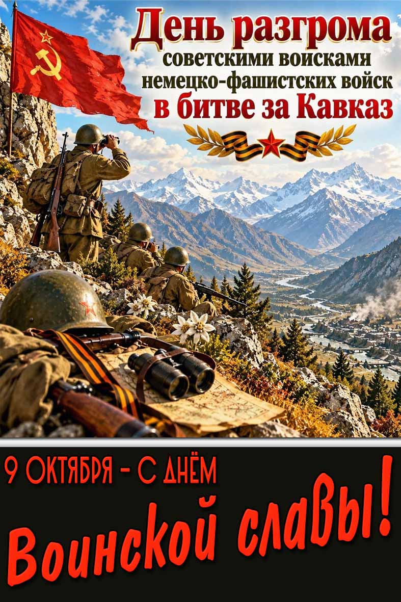 Открытка 9 октября - с днём воинской славы! День разгрома советскими войсками немецко-фашистких войск в битве за Кавказ!