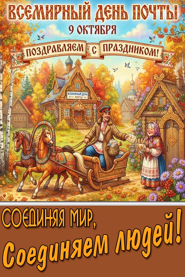 Открытка 9 октября - Всемирный день почты! Поздравляем с праздником! Соединяя мир, соединяем людей!
