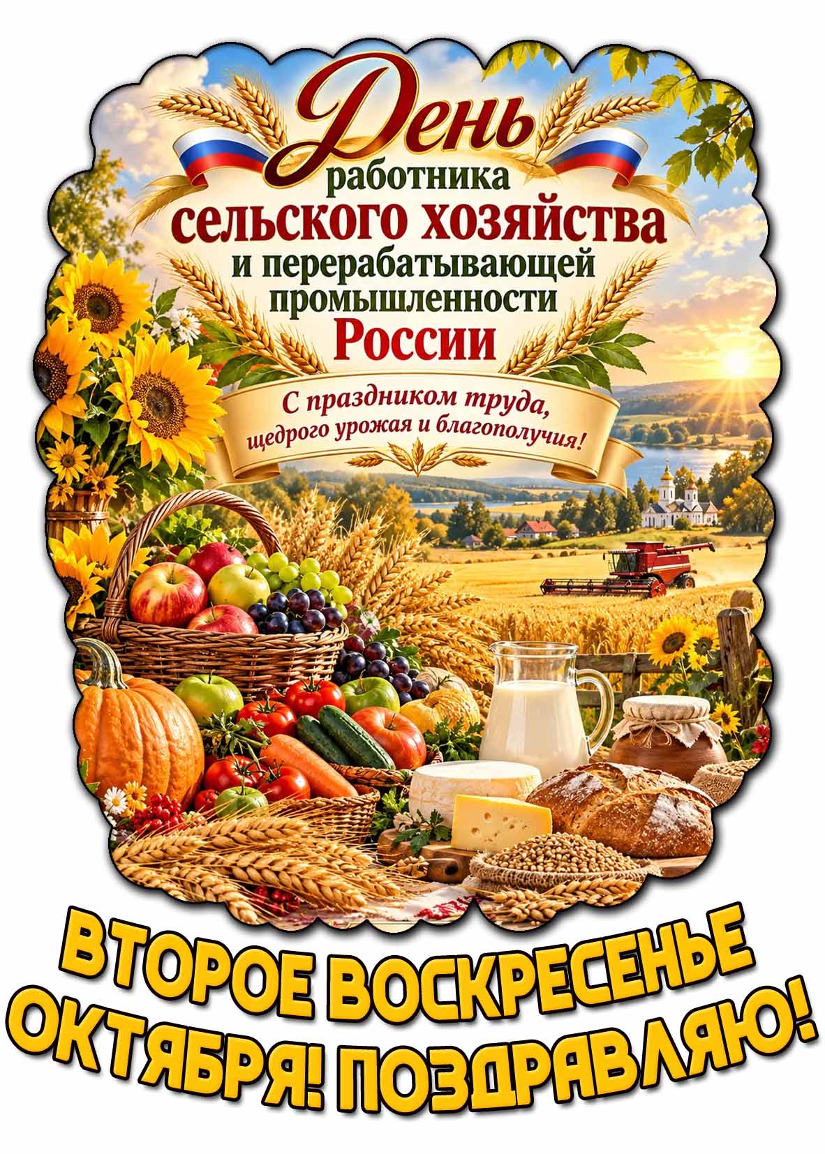 Открытка "День работника сельского хозяйства и перерабатывающей промышленности России! С праздником труда, щедрого урожая и благополучия! Второе воскресенье октября! Поздравляю!"