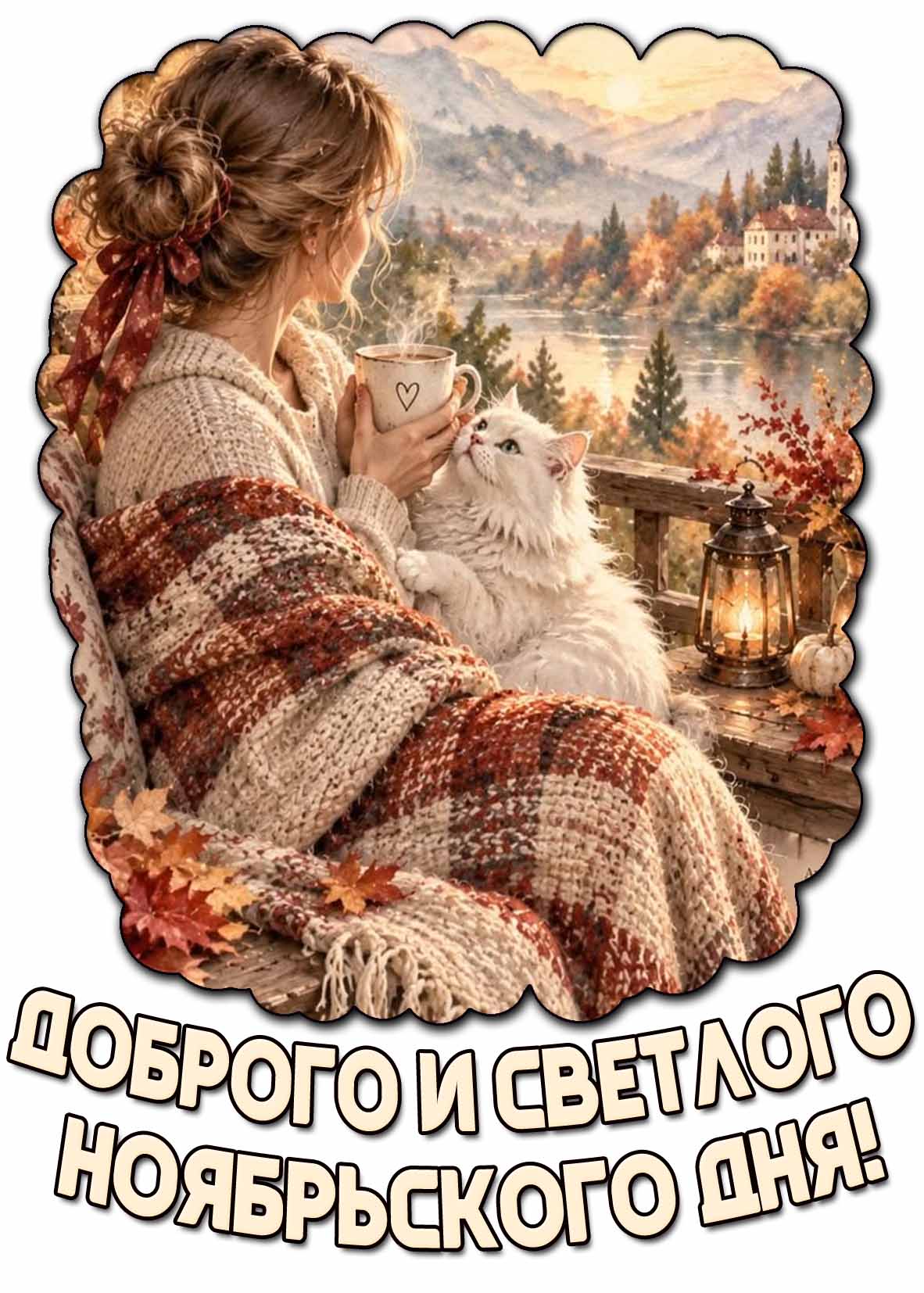 Красивая открытка со светильником, девушкой с чашкой кофе под пледом, белой кошкой на фоне осенней природы и надписью : Доброго и светлого ноябрьского дня! Открытка "Доброго и светлого ноябрьского дня!"