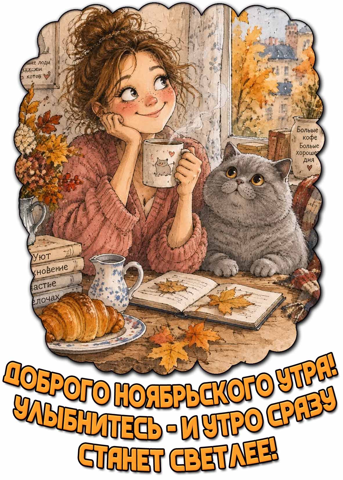 Прикольная открытка с котиком, радостной девушкой со стаканчиком кофе на фоне промозглой осени за окном и надписью, чтобы пожелать : Доброго ноябрьского утра! Улыбнитесь - и утро сразу станет светлее!