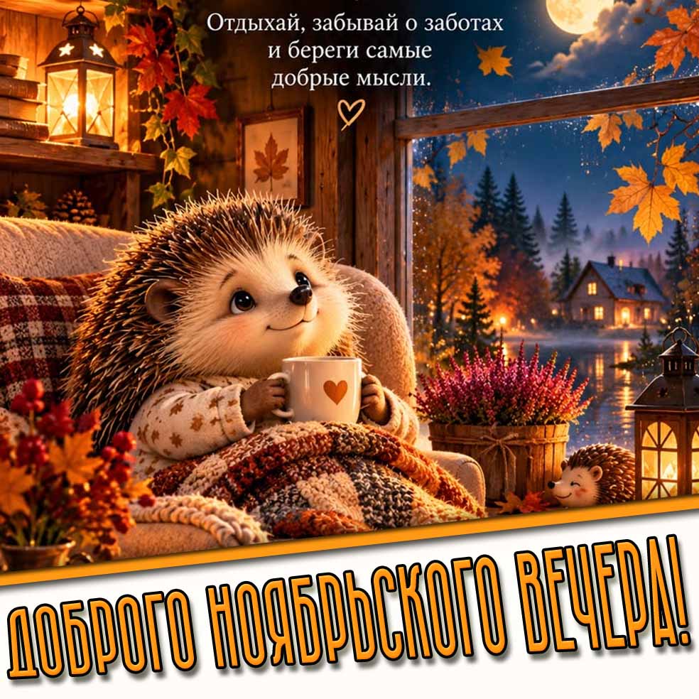 Красивая открытка с прикольным мультяшным ёжиком под пледом с чашкой чая на фоне осеннего пейзажа за окном, чтобы пожелать : Доброго ноябрьского вечера! Отдыхай, забывай о заботах и береги самые добрые мысли! Открытка "Доброго ноябрьского вечера! Отдыхай, забывай о заботах и береги самые добрые мысли!"
