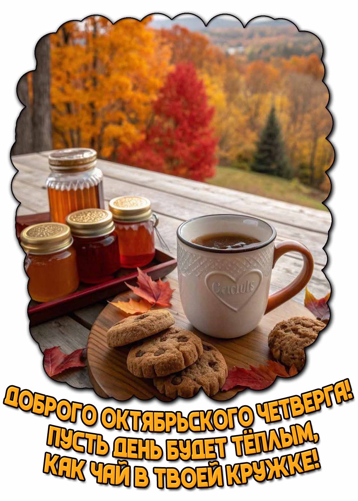 Открытка "Доброго октябрьского четверга! Пусть день будет тёплым, как чай в твоей кружке!"