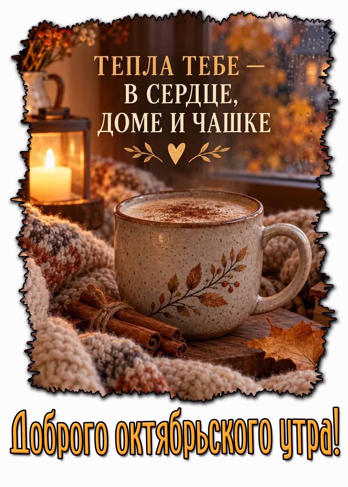 Открытка "Доброго октябрьского утра! Тепла тебе - в сердце, доме и чашке!"