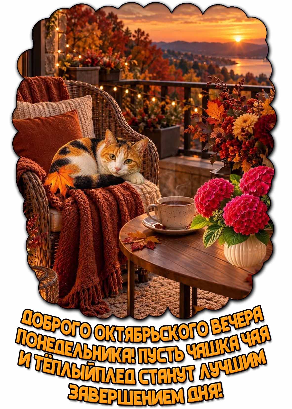 Открытка "Доброго октябрьского вечера понедельника! Пусть чашка чая и тёплый плед станут лучшим завершением дня!"