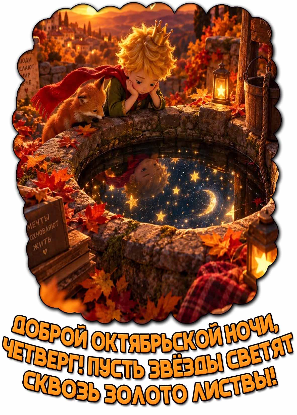 Открытка "Доброй октябрьской ночи, четверг! Пусть звёзды светят сквозь золото листвы!"