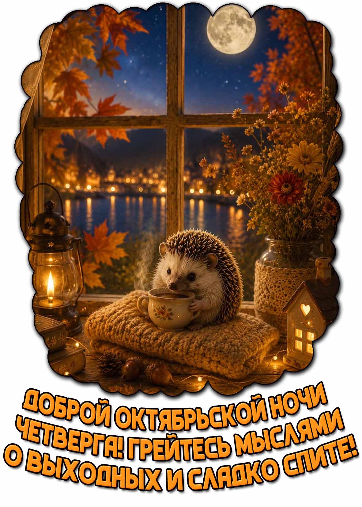 Открытка "Доброй октябрьской ночи четверга! Грейтесь мыслями о выходных и сладко спите!"