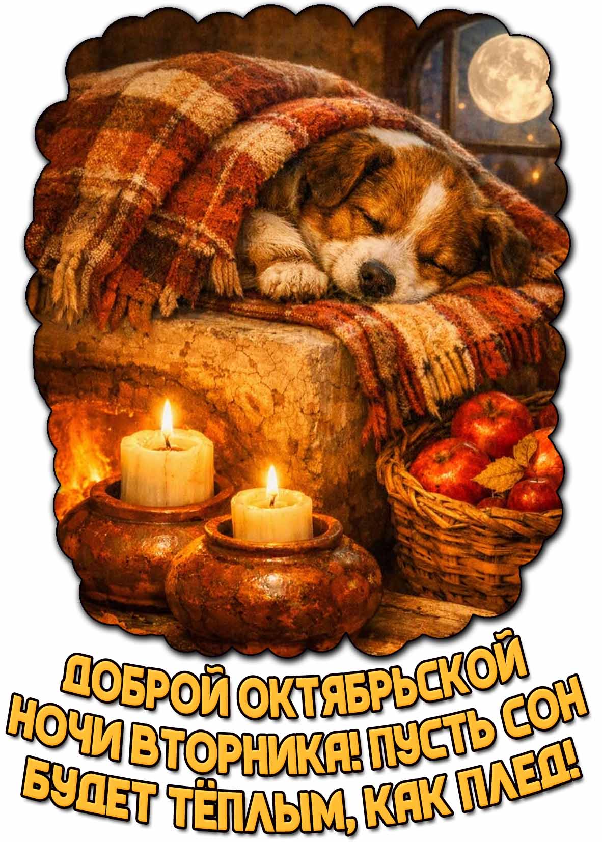 Открытка "Доброй октябрьской ночи вторника! Пусть сон будет тёплым, как плед!"