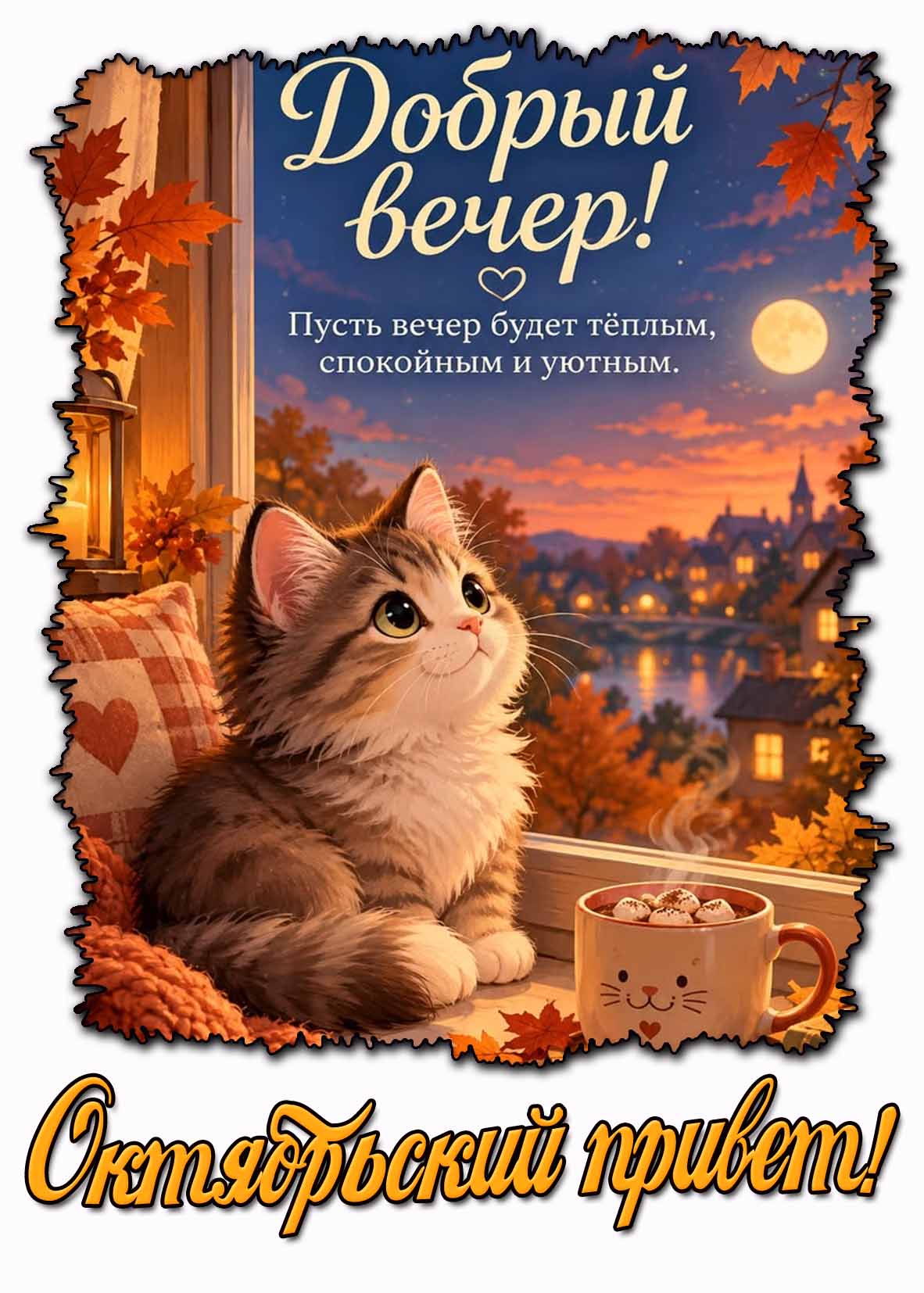 Открытка "Добрый вечер! Октябрьский привет! Пусть вечер будет тёплым, спокойным и уютным!"