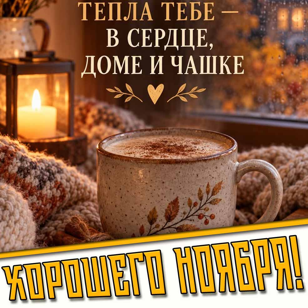 Открытка с чашкой какао, фонарём-свечой на фоне пасмурной погоды за окном, чтобы пожелать : Хорошего ноября! Тепла тебе в сердце, доме и чашке! Открытка "Хорошего ноября! Тепла тебе в сердце, доме и чашке!"