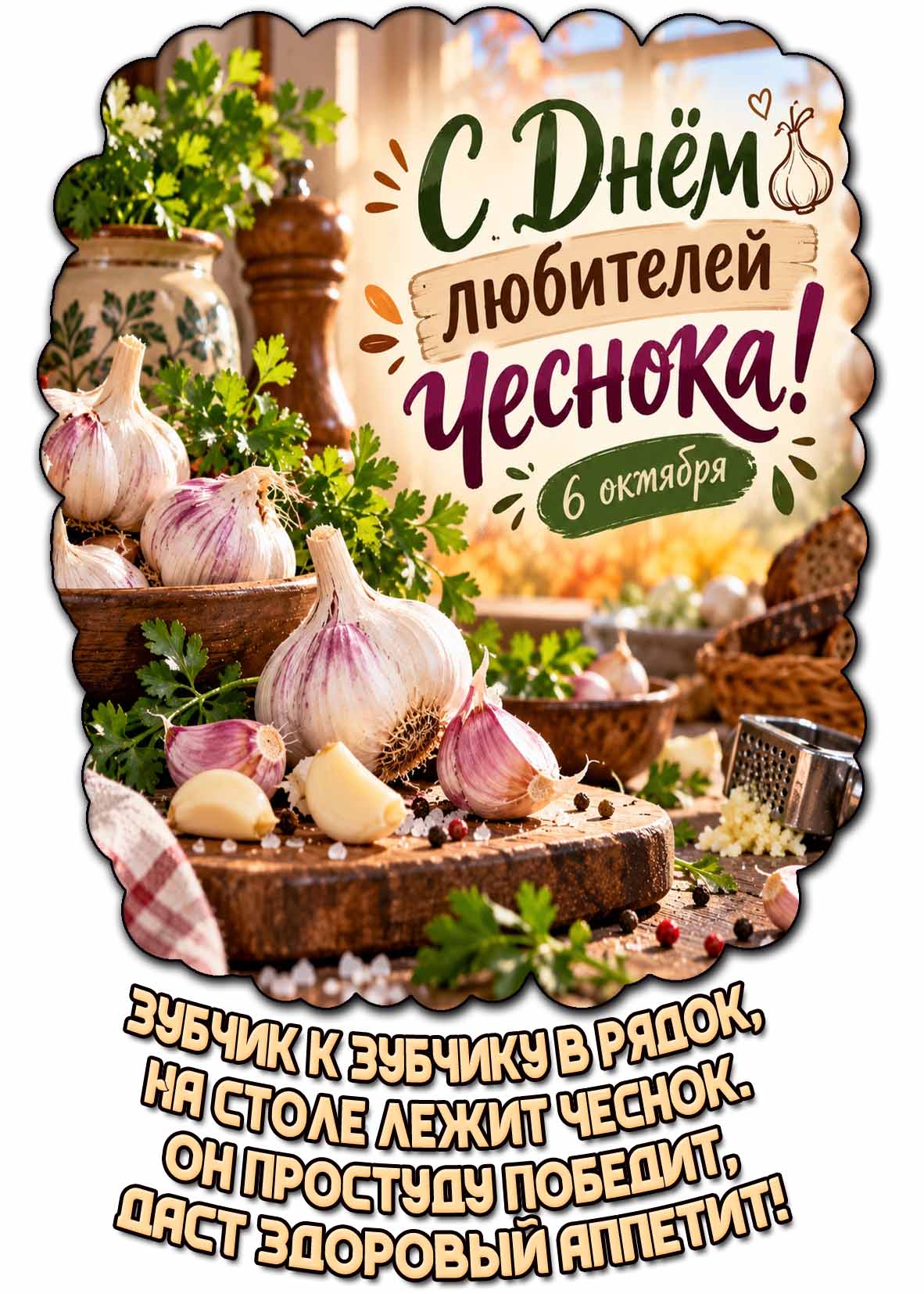 Открытка 6 октября - с днём любителей чеснока! Зубчик к зубчику в рядок, на столе лежит чеснок. Он простуду победит, даст здоровый аппетит!