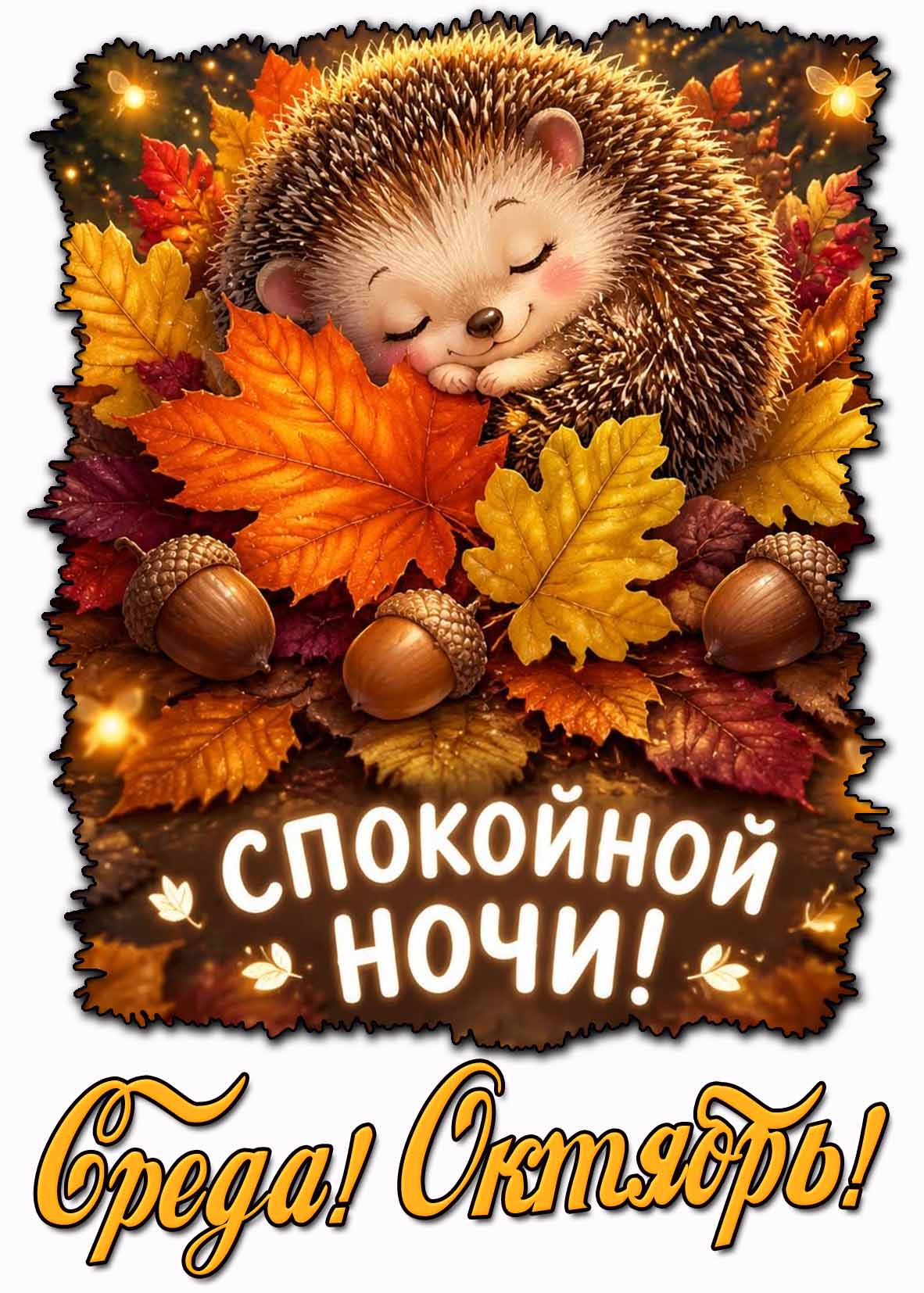 Красивая мерцающая открытка со светлячками, ёжиком спящим на "подушке" из кленовых листьев и надписью : Октябрь! Среда! Спокойной ночи!