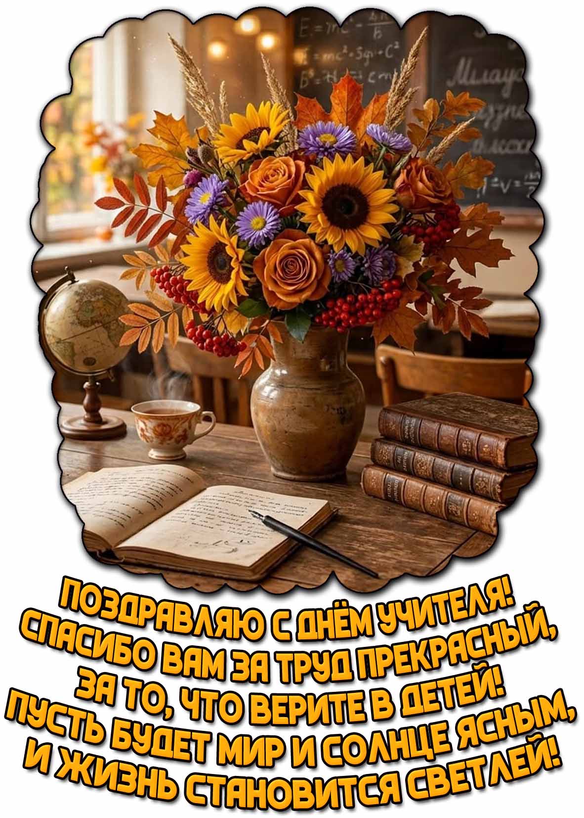 Открытка "Поздравляю с днём учителя! Спасибо вам за труд прекрасный, за то, что верите в детей! Пусть будет мир и солнце ясным, и жизнь становится светлей!"