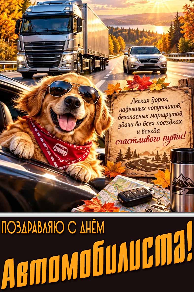 Красивая осенняя открытка с термосом, брелоком, прикольной собакой на фоне фуры с легковой машиной на трассе и надписью : Поздравляю с днём автомобилиста! Лёгких дорог, надёжных попутчиков, безопасных маршрутов, удачи во всех поездках и всегда счастливого пути! Открытка "Поздравляю с днём автомобилиста! Лёгких дорог, надёжных попутчиков, безопасных маршрутов, удачи во всех поездках и всегда счастливого пути!"