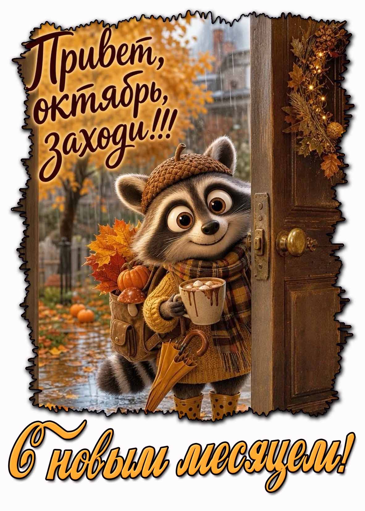 Открытка "Привет октябрь, заходи! С новым месяцем!"