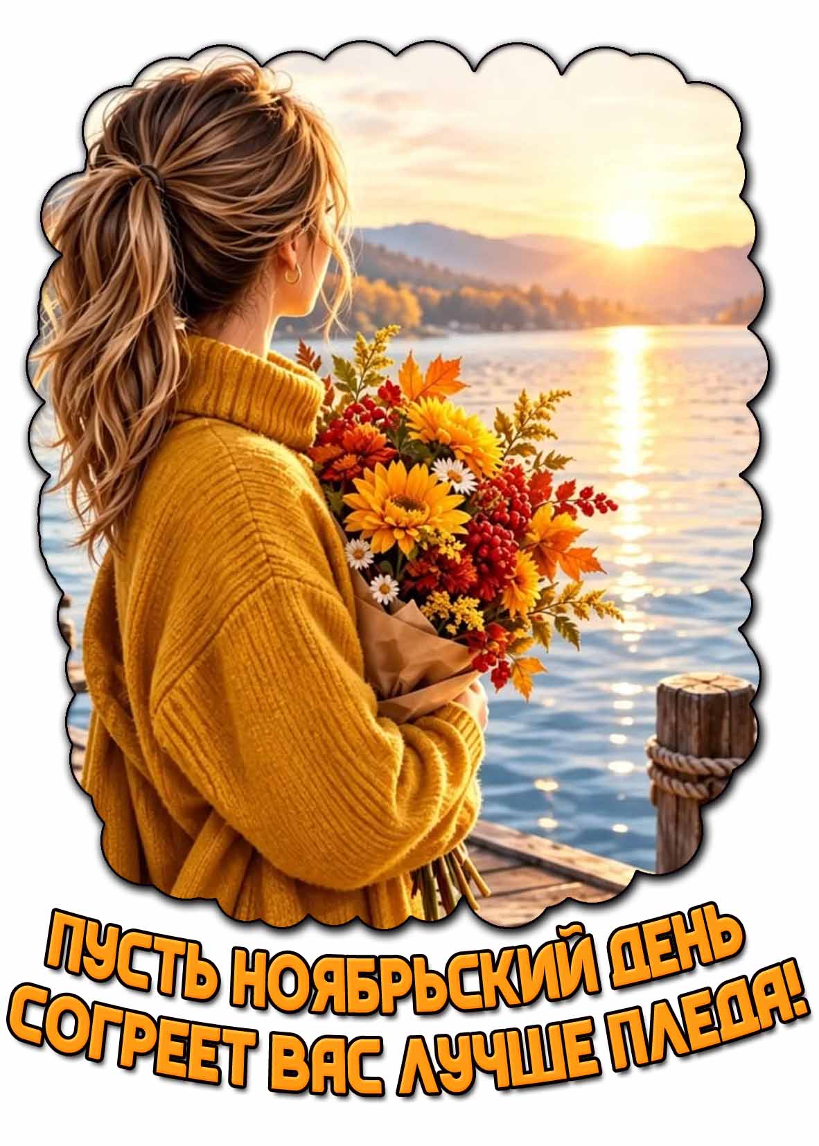 Открытка с девушкой с букетом из цветов с осенними листьями на фоне солнечного озера и надписью : Пусть ноябрьский день согреет вас лучше пледа! Открытка с девушкой с букетом из цветов с осенними листьями на фоне солнечного озера и надписью : Пусть ноябрьский день согреет вас лучше пледа!