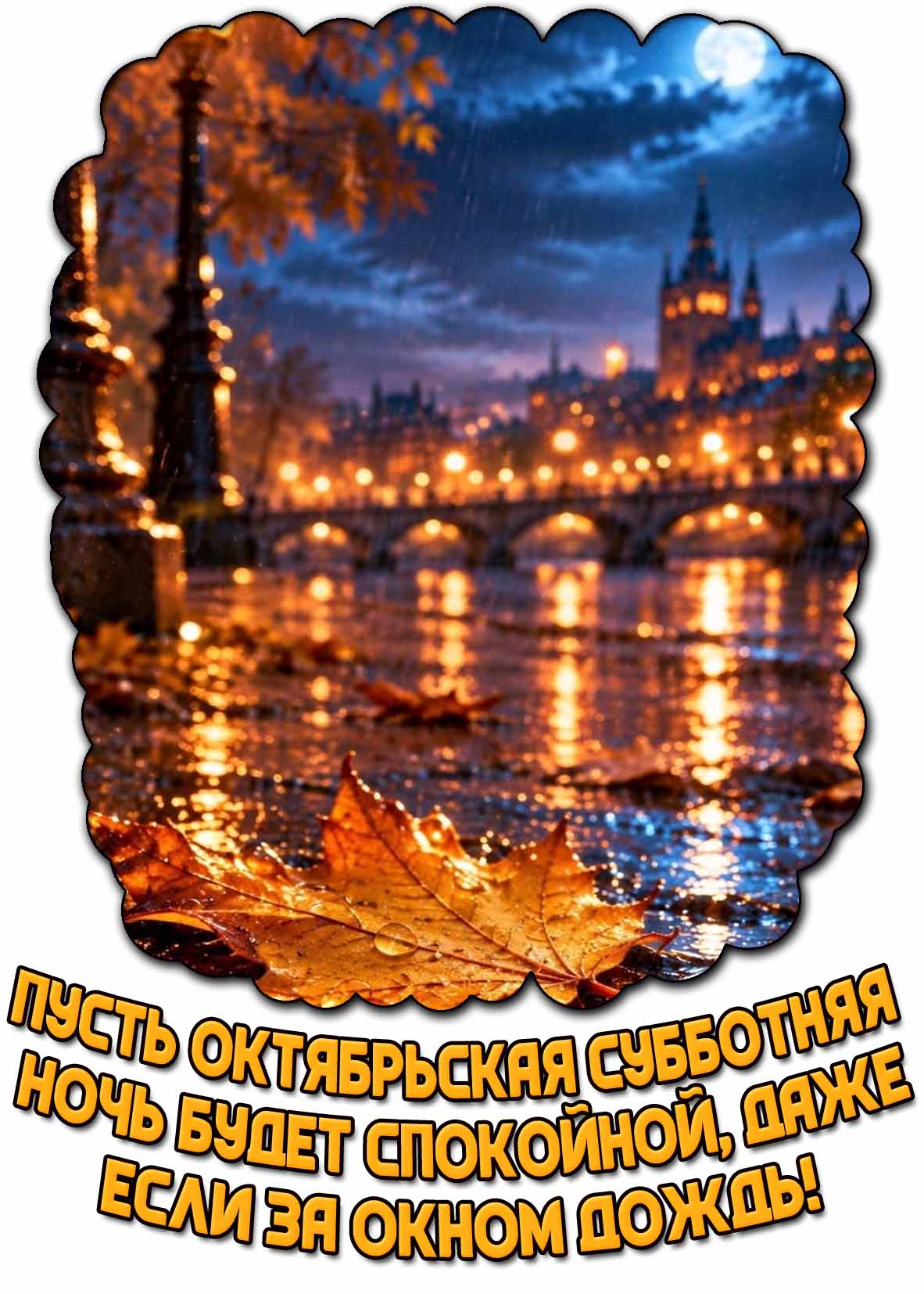 Открытка с кленовым листом под ливнем на фоне старинного замка и надписью : Пусть октябрьская субботняя ночь будет спокойной, даже если за окном дождь!