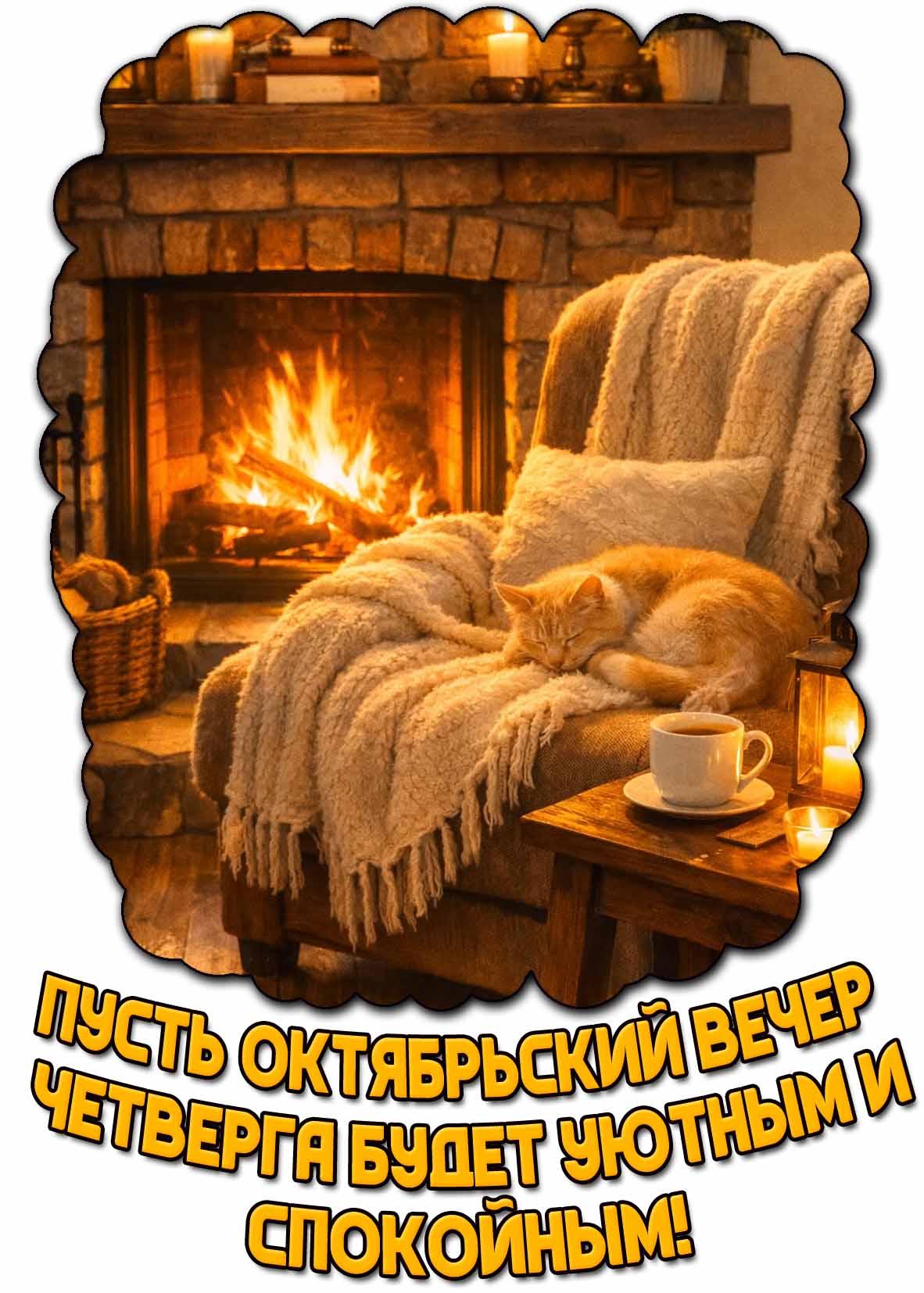 Красивая открытка со свечами, чашкой горячего чая, котом в кресле у камина и надписью : Пусть октябрьский вечер четверга будет уютным и спокойным! Открытка "Пусть октябрьский вечер четверга будет уютным и спокойным!"