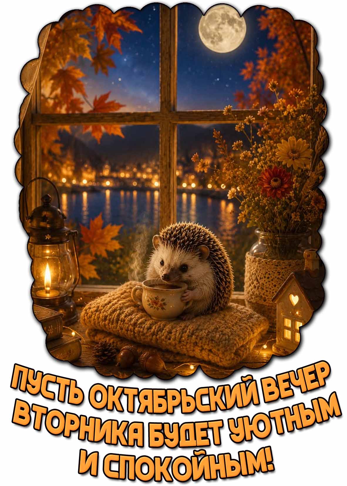 Открытка "Пусть октябрьский вечер вторника будет уютным и спокойным!"
