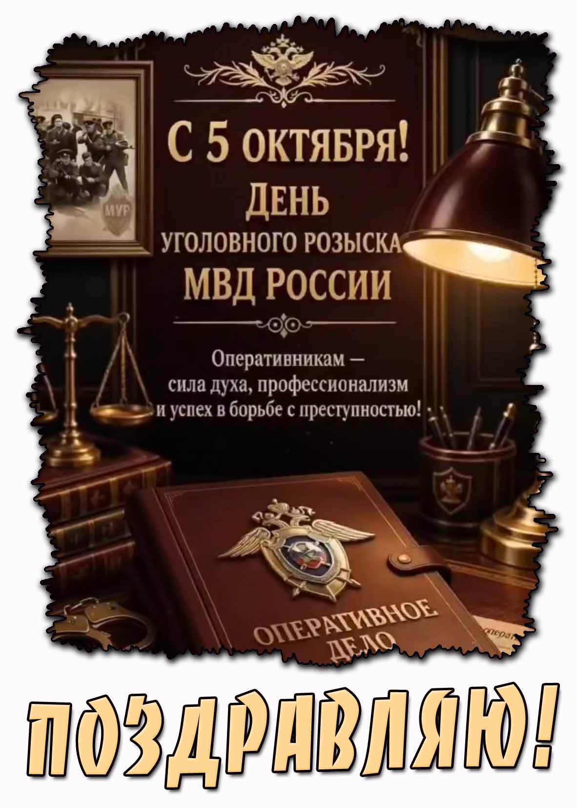 Открытка "С 5 октября! День уголовного розыска МВД России! Оперативникам - силы духа, профессионализма и успеха в борьбе с преступностью!"