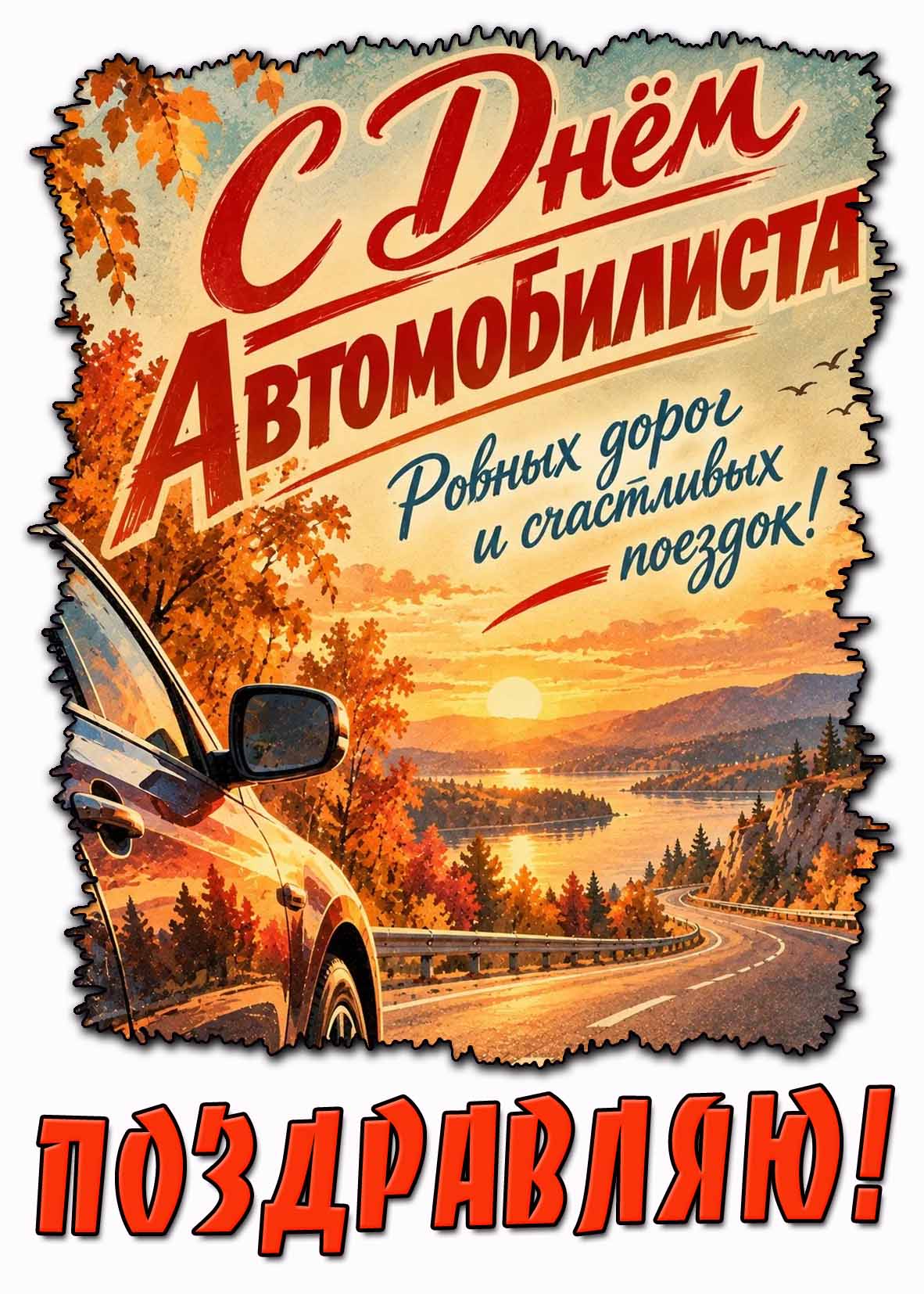 Открытка "С днём автомобилиста! Ровных дорог и счастливых поездок! Поздравляю!"