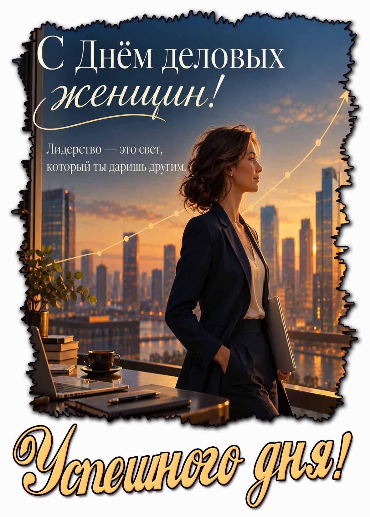 Открытка с красивой девушкой в офисе на фоне мегаполиса и надписью : С днём деловых женщин! Лидерство - это свет, который ты даришь другим! Успешного дня! Открытка "С днём деловых женщин! Лидерство - это свет, который ты даришь другим! Успешного дня!"