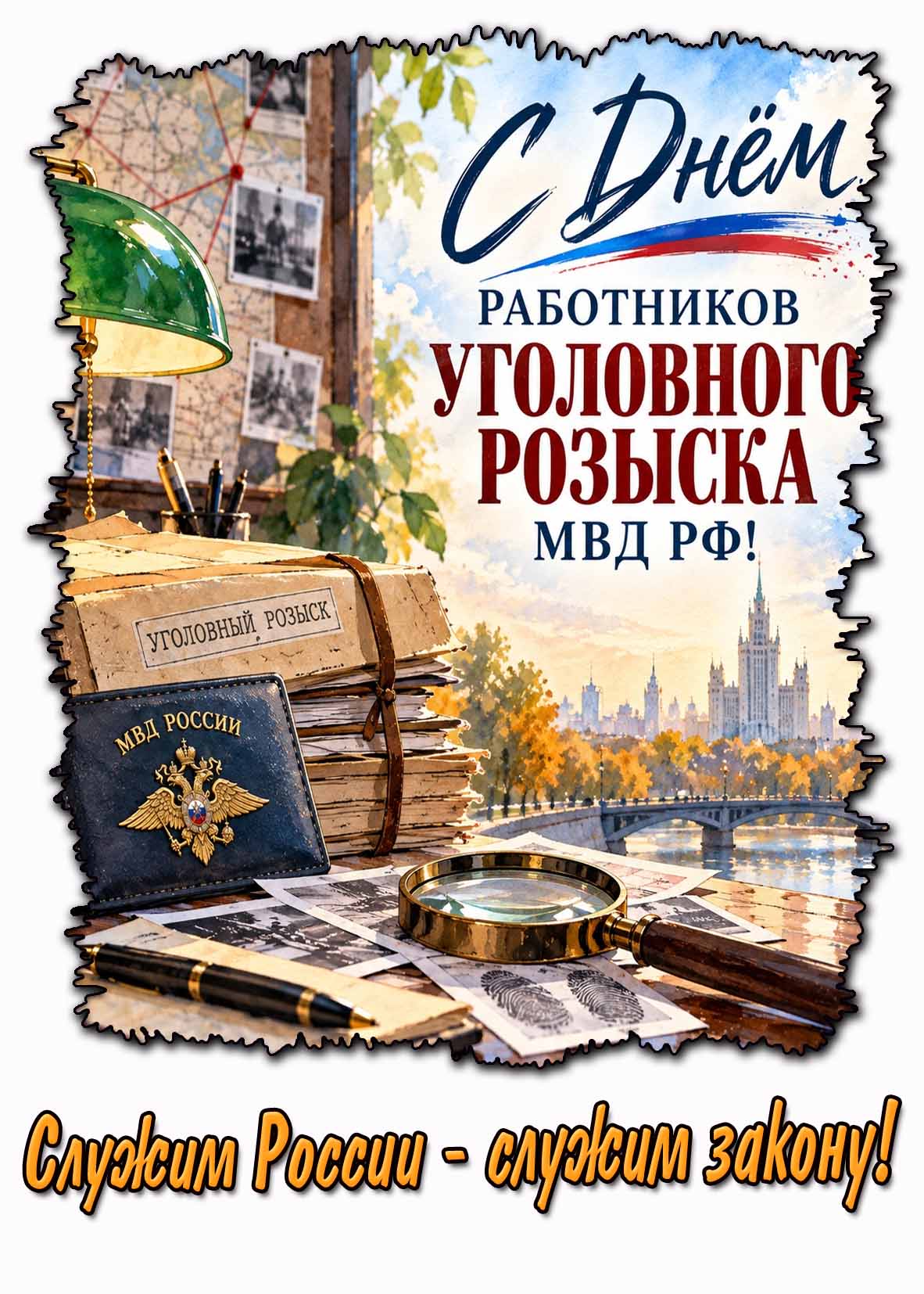 Открытка "С днём работников уголовного розыска МВД РФ! Служим России - служим закону!"