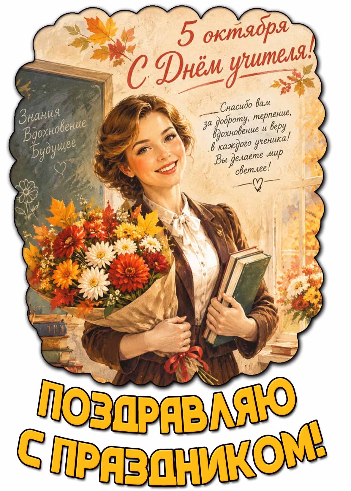 Открытка с пожеланиями на 5 октября : С днём учителя! Поздравляю с праздником!